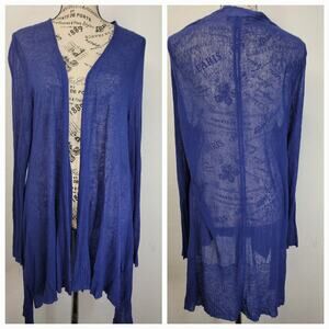 Eileen Fisher Open Cardigan Sz Medium Sheer Long Sleeves Linen Coastal Blue